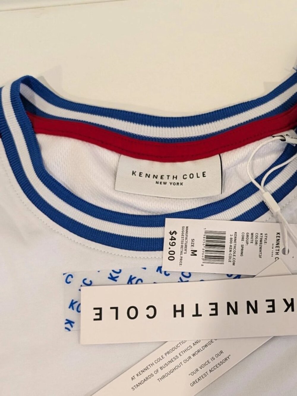 Kenneth Cole Mens Logo Graphic T-Shirt White Blue Red Trim Size Medium NWT